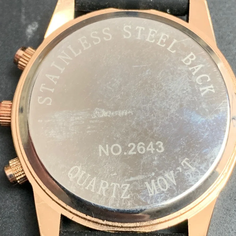 Mens Rose Gold Tone Black Quartz Watch No. 2643 Silicone Strap Chronograph Style
